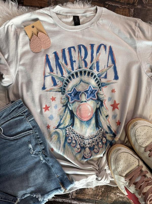 Embellished America Bubble Gum Graphic Tee With Gem Detail