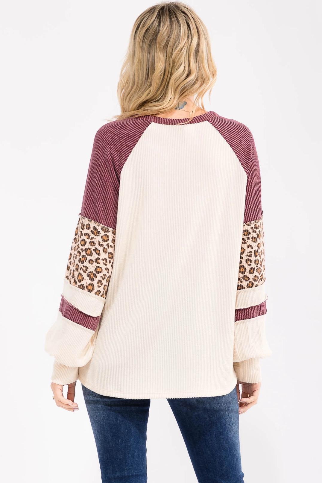 Burgundy Rib Knit Leopard Print Contrast Pullover Top