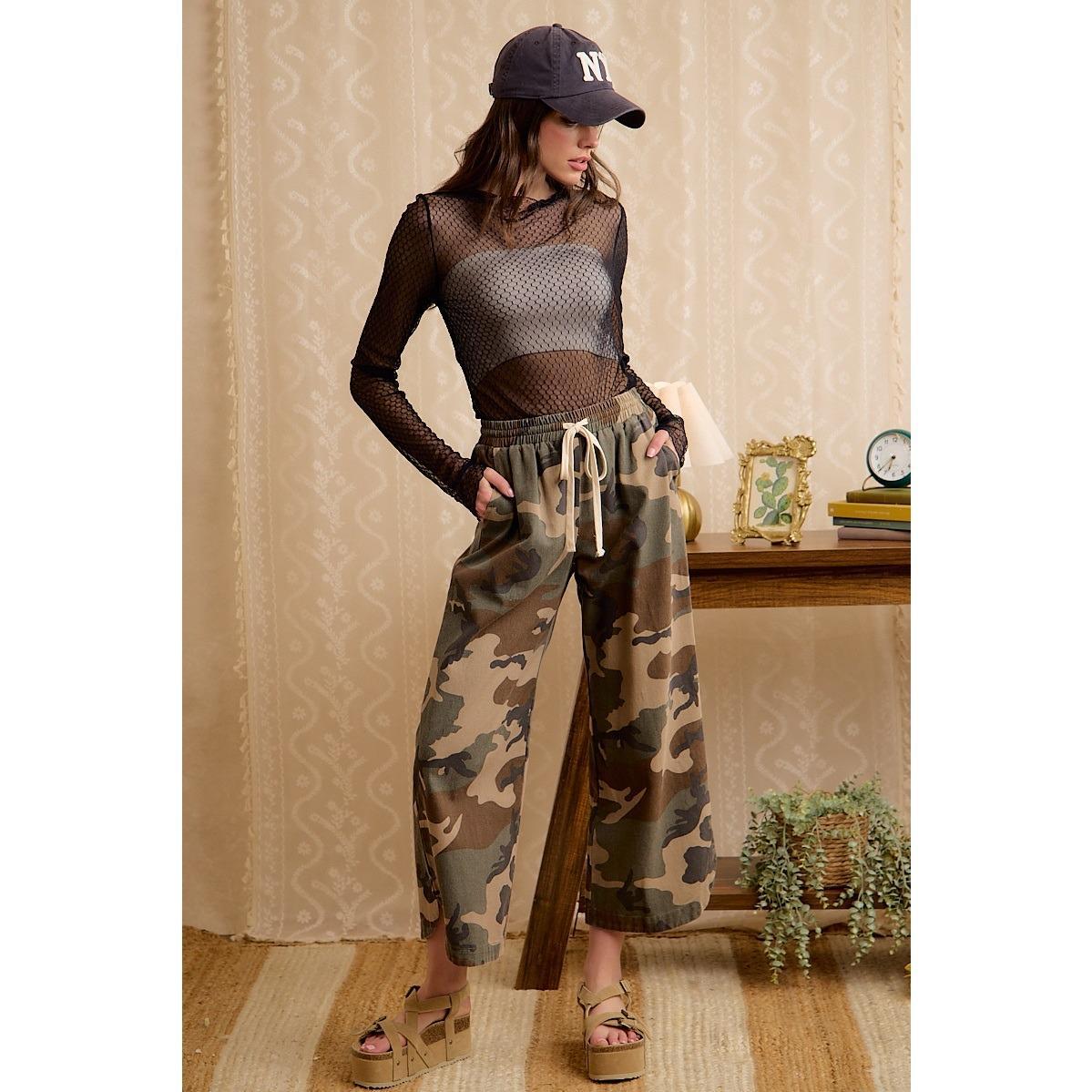 Camo Pants Featuring Curved Side Seam Pants with Drawstring  by BiBi