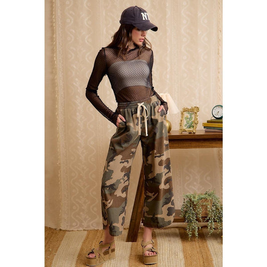 Camo Pants Featuring Curved Side Seam Pants with Drawstring  by BiBi