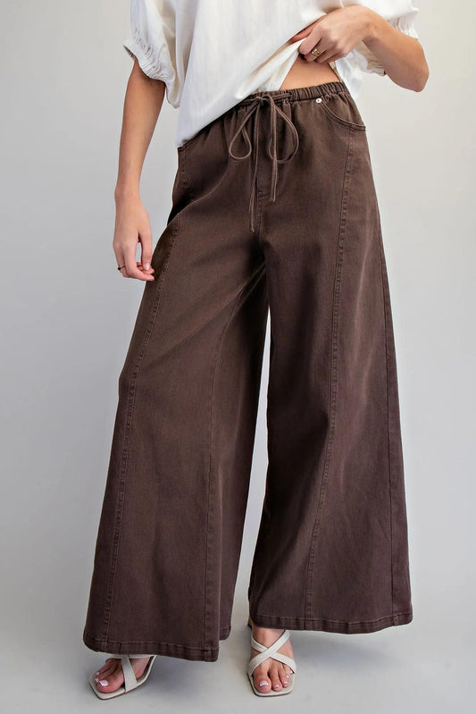 Brown Mineral Washed Waist Tie Wide Leg Pants by ee:some
