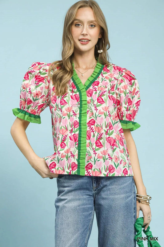 Pink Floral Ruffle Trim Puff Sleeve Top by Umgee