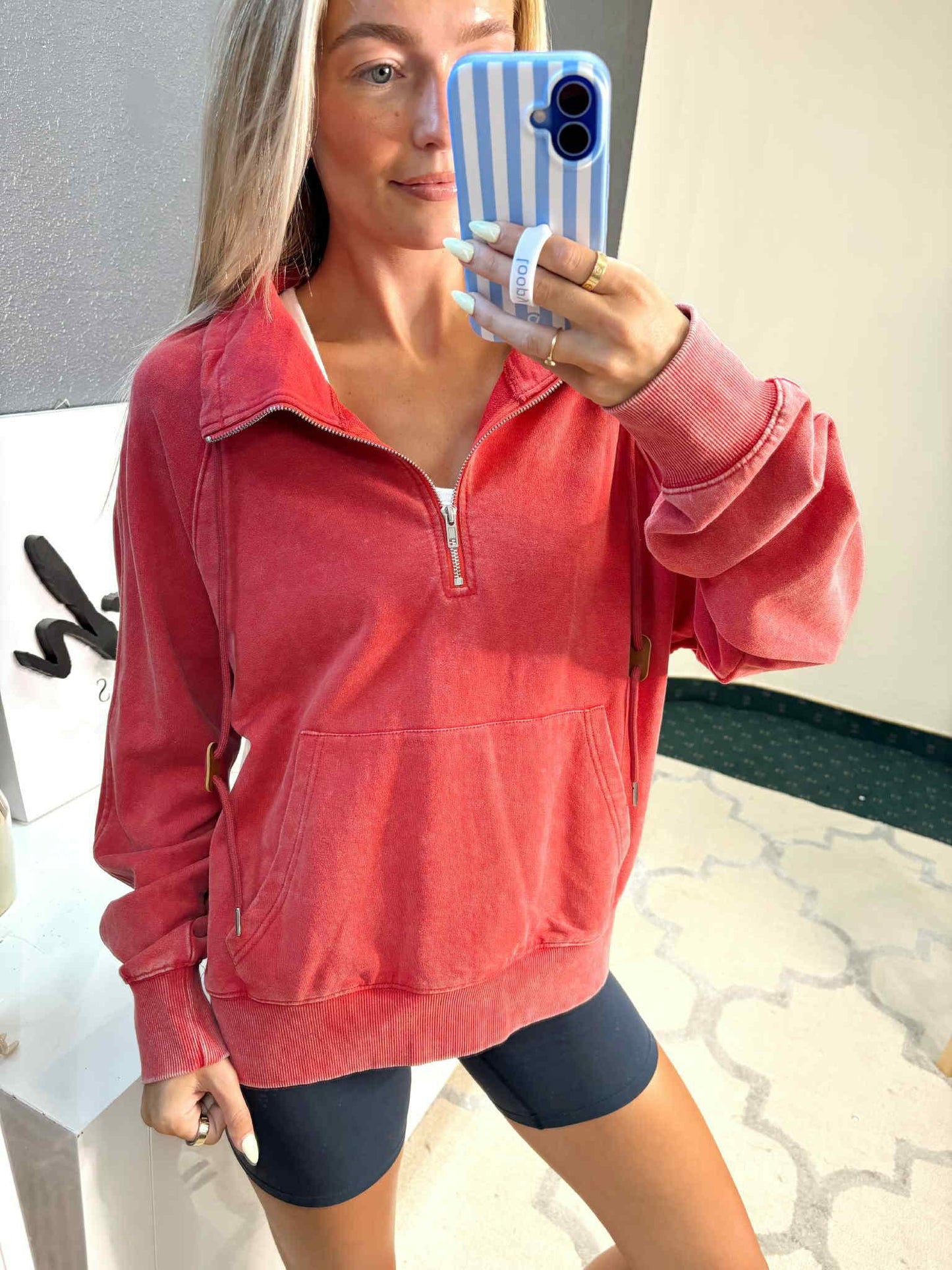 Washed Red Knit Pullover Quarter Zip Top by White Birch