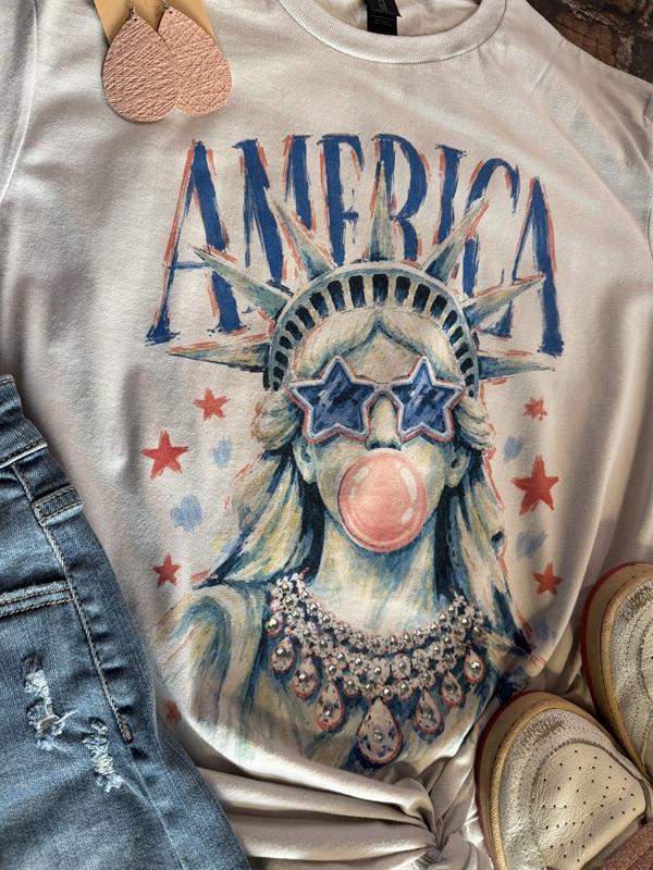 Embellished America Bubble Gum Graphic Tee With Gem Detail