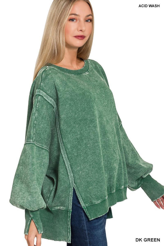 Green Oversized Acid Wash Batwing Sleeve Sweatshirt by Zenana Copy