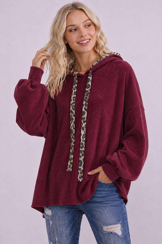 Oversized Boutique Pullover Trim Knit Hoodie by 7th Ray -  Available in Nutmeg and Burgundy T6420