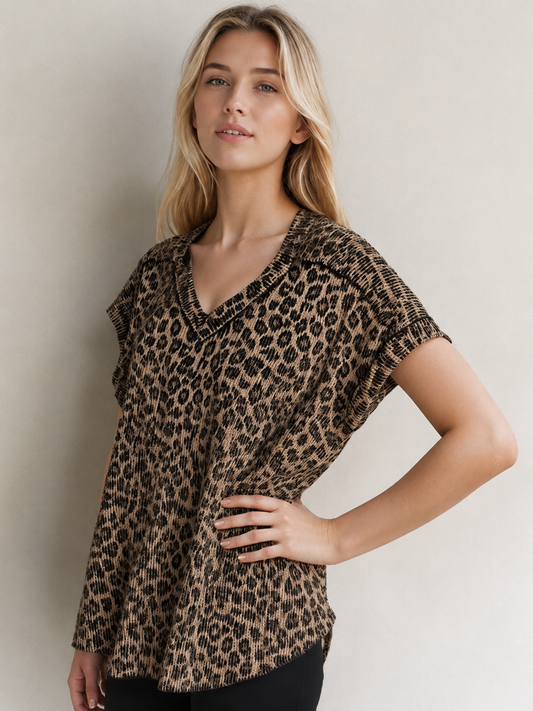 Leopard Knit V-Neck Top by Heimish