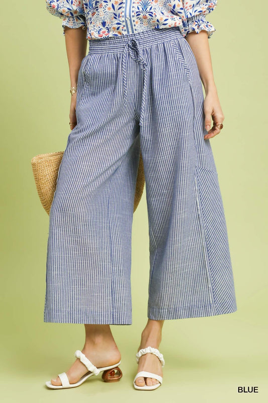 Blue Linen Blend Striped Wide Leg Pants