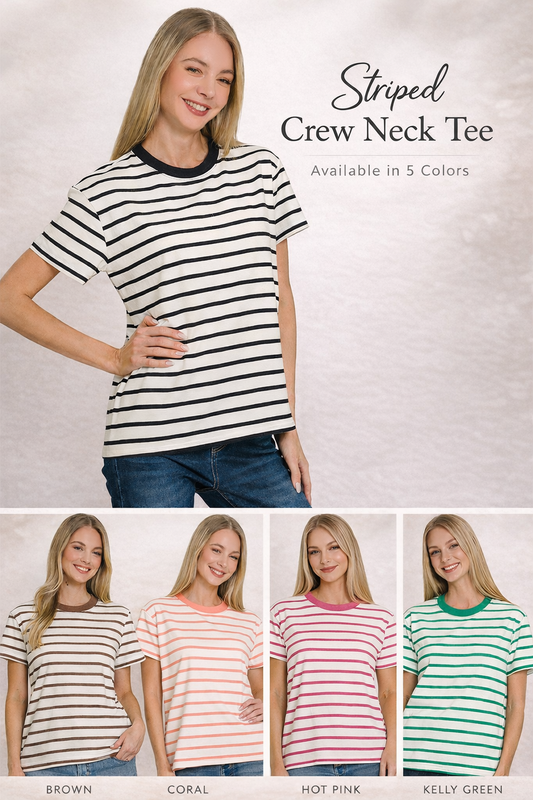 Striped Crew Neck Relaxed Fit Tee - Available in Black, Brown, Coral, Hot Pink and Green