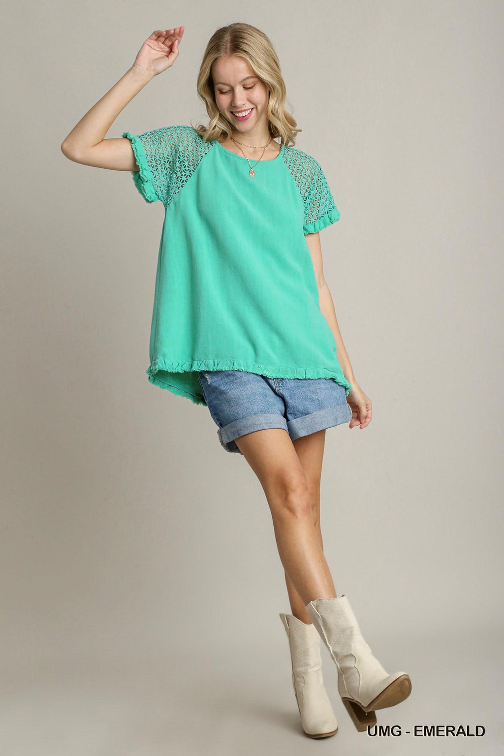 Emerald Floral Crochet Fringed Hem Top by Umgee