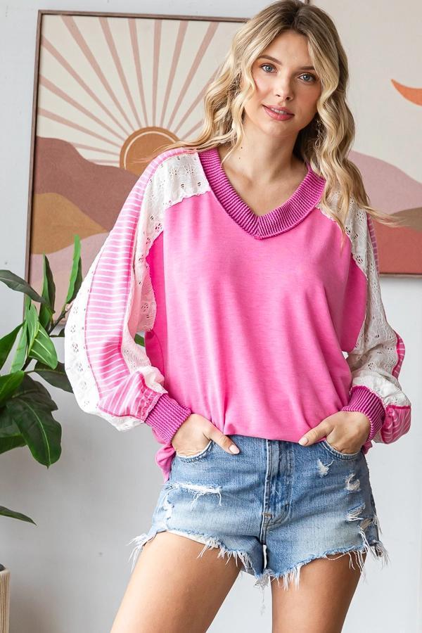 Pink Color Block V Neck Bishop Long Sleeve Top