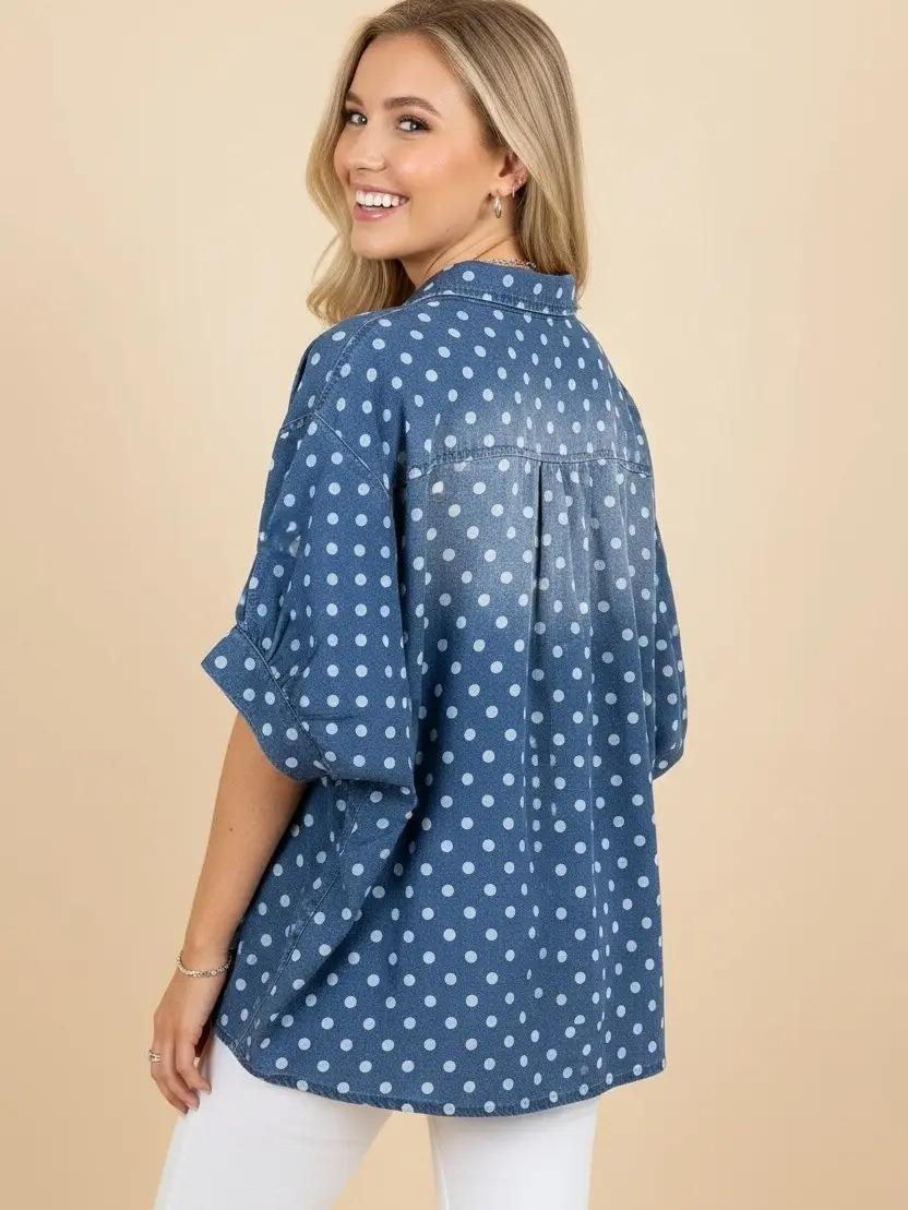 Polka Dot Button Front Denim Shirt by Heimish