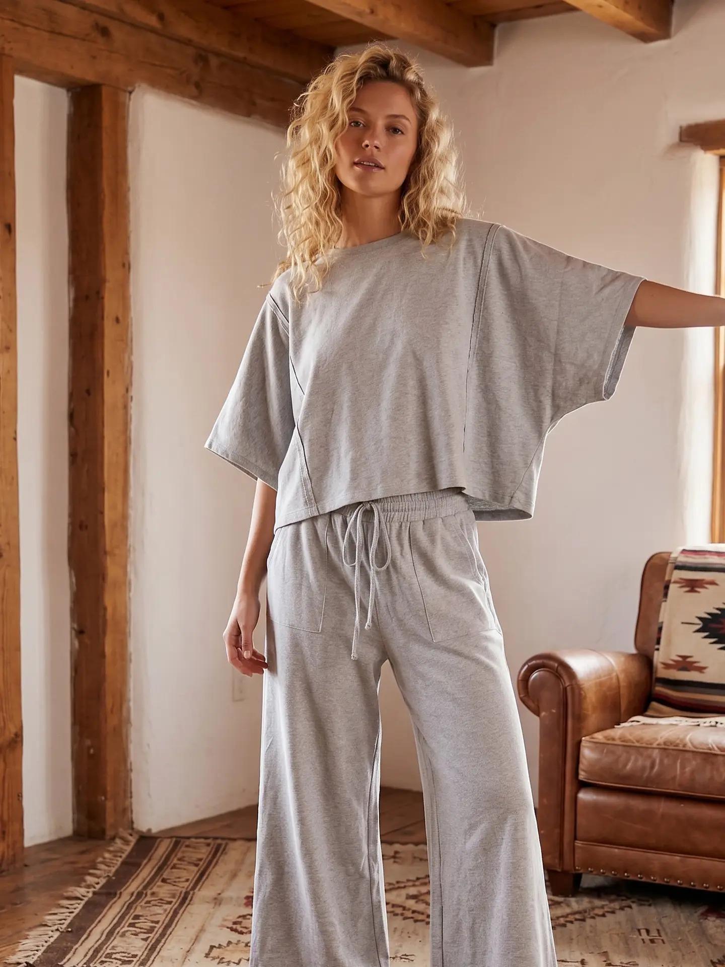 Brushed Stretch Boxy Top & Wide Leg Pant Set by Sewn and Seen