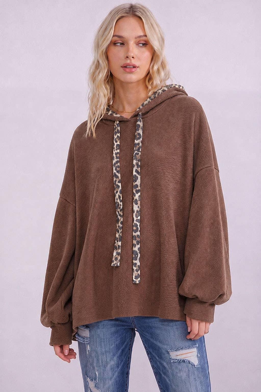 Oversized Boutique Pullover Trim Knit Hoodie by 7th Ray -  Available in Nutmeg and Burgundy T6420