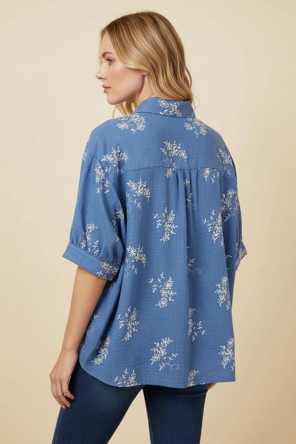 Chambray Floral Embroidered Short Sleeve Button Down Top by Heimish
