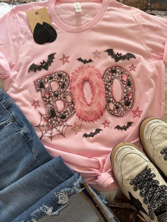 Embellished Boo Glam Graphic Tee with Gem Details
