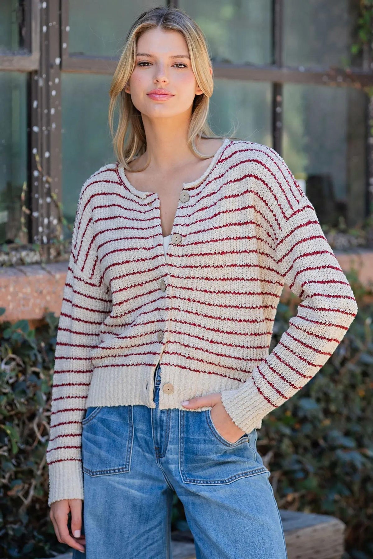 Oatmeal Striped Textured Knit Cardigan ✨by ee:some