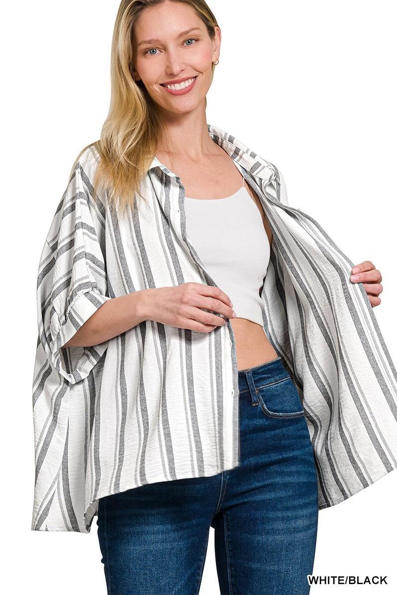 Black & White Classic Stripe Button Down Top by Zenana