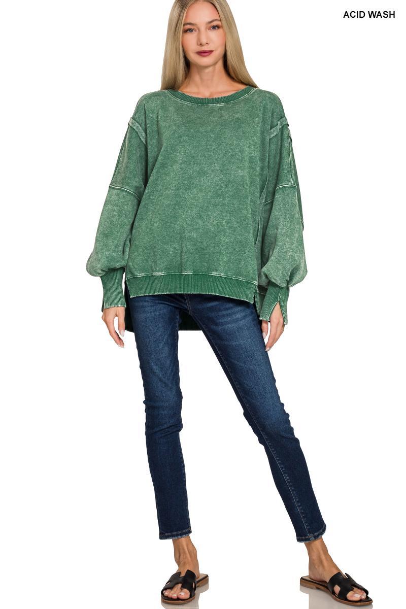 Green Oversized Acid Wash Batwing Sleeve Sweatshirt by Zenana