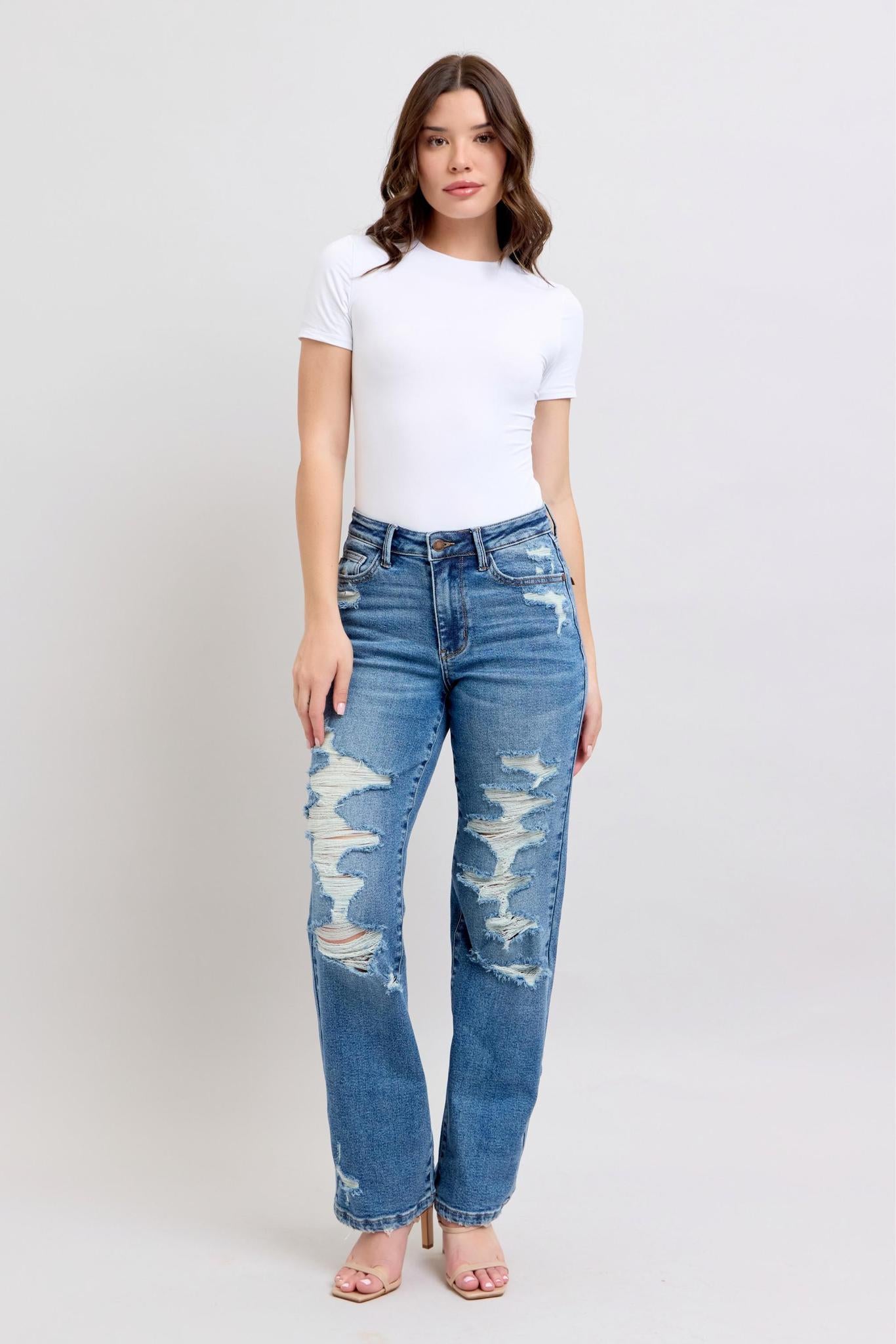 HW Heavy Destroyed Straight Leg Jeans by Judy Blue - Style #88447