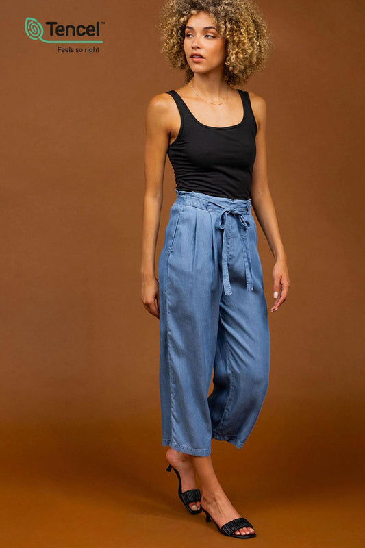 Waist Tie Tencel Cropped Pants by Naked Zebra - Style #YP108675A