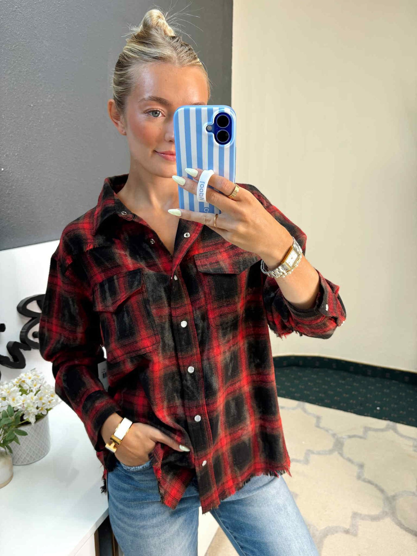 Red & Black Plaid Top Featuring Distressed Hem by White Birch