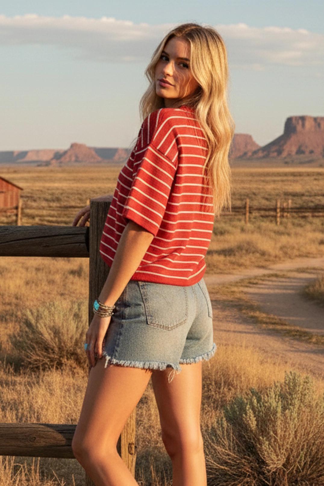 Red & White Striped Knit Short Sleeve Top