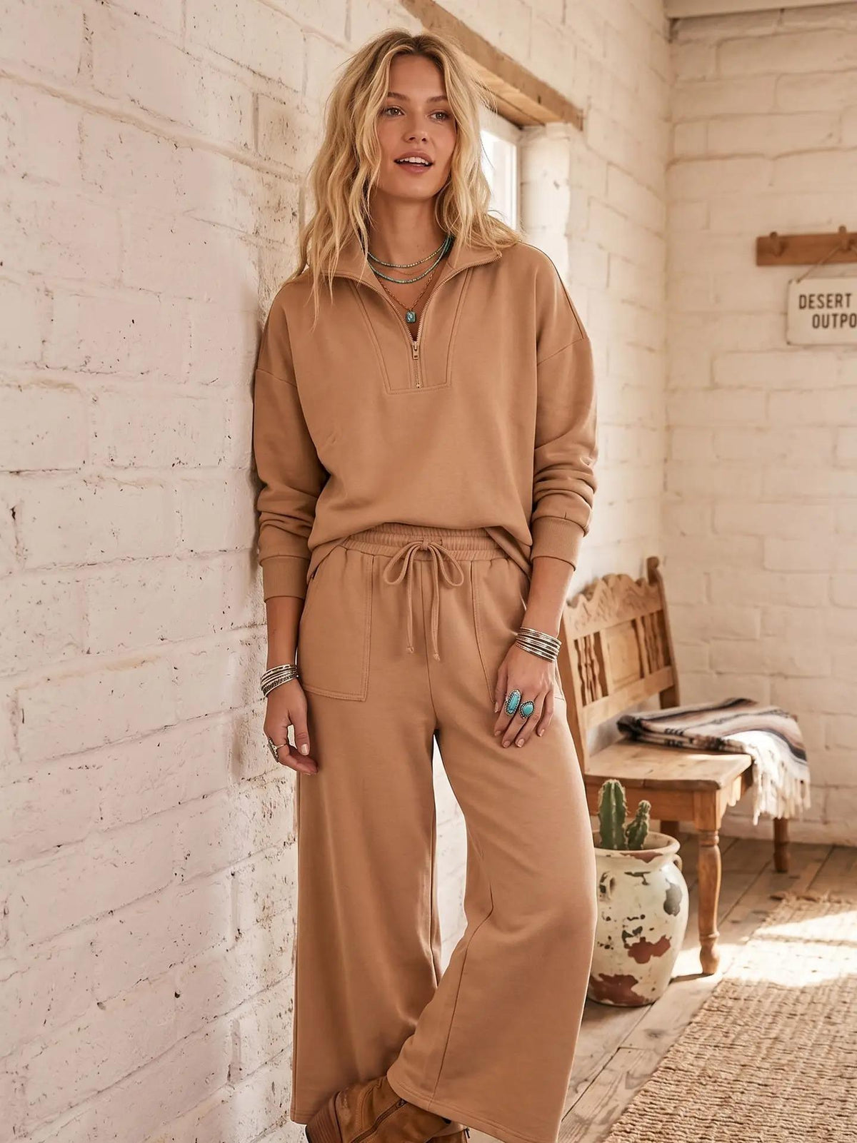 Scuba Half Zip Pullover & Wide Leg Pant Set - Available in Black and Camel