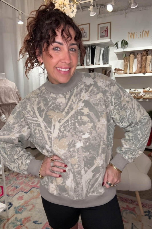 Woodsy Camo Print Mockneck Sweatshirt by Moon Ryder