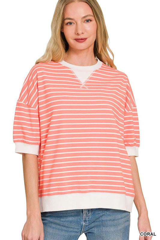 Coral Striped Rib Banded Pullover Top