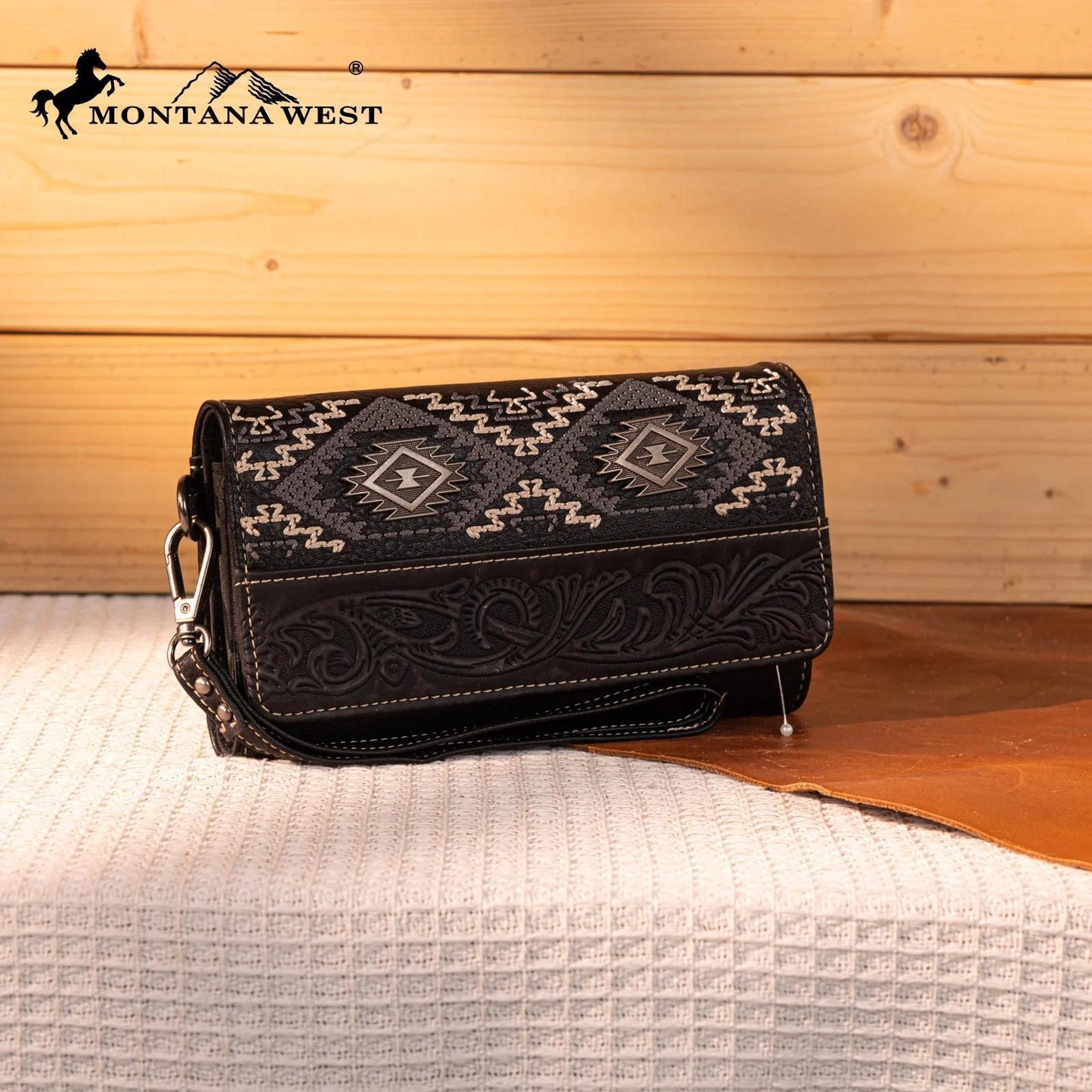 Black Floral tooled and Embroidered Tribal Pattern Wallet by Wrangler