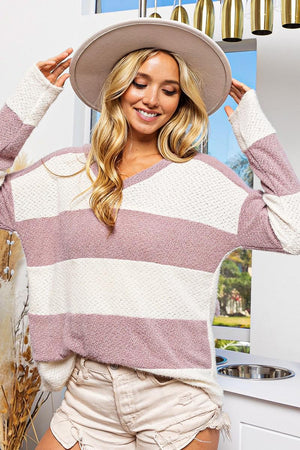 Sugar Knit Color Block V-Neck Sweater Top by BiBi