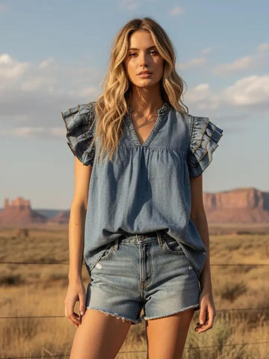 Denim Ruffle Sleeve Mineral Washed Top