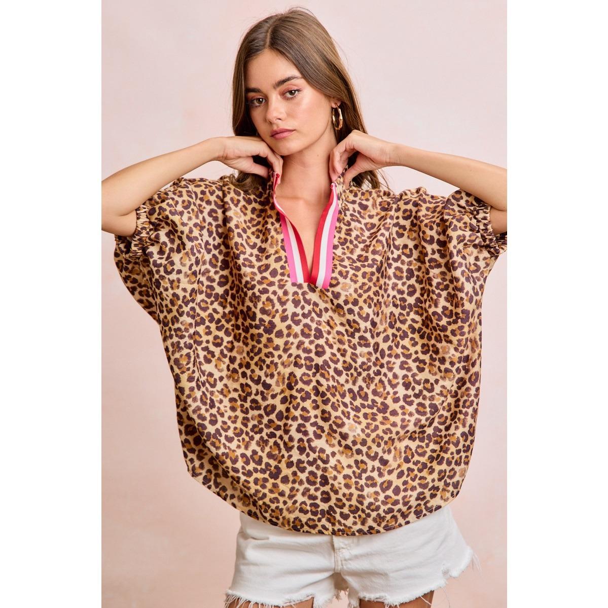Leopard Contrast Banded Doman Sleeve Top