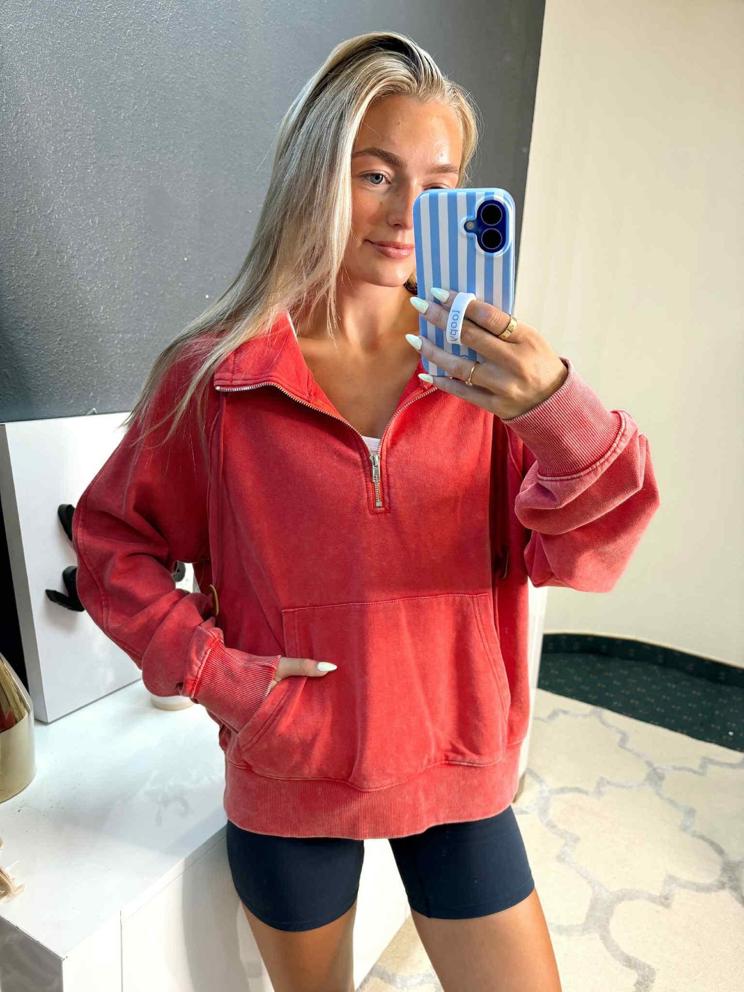 Washed Red Knit Pullover Quarter Zip Top by White Birch