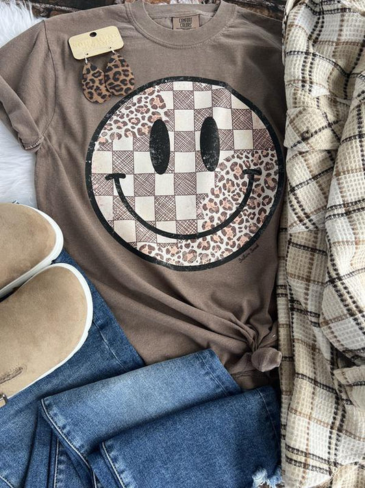 Checkered and Leopard Smiley Graphic (Tee Or Sweatshirt)