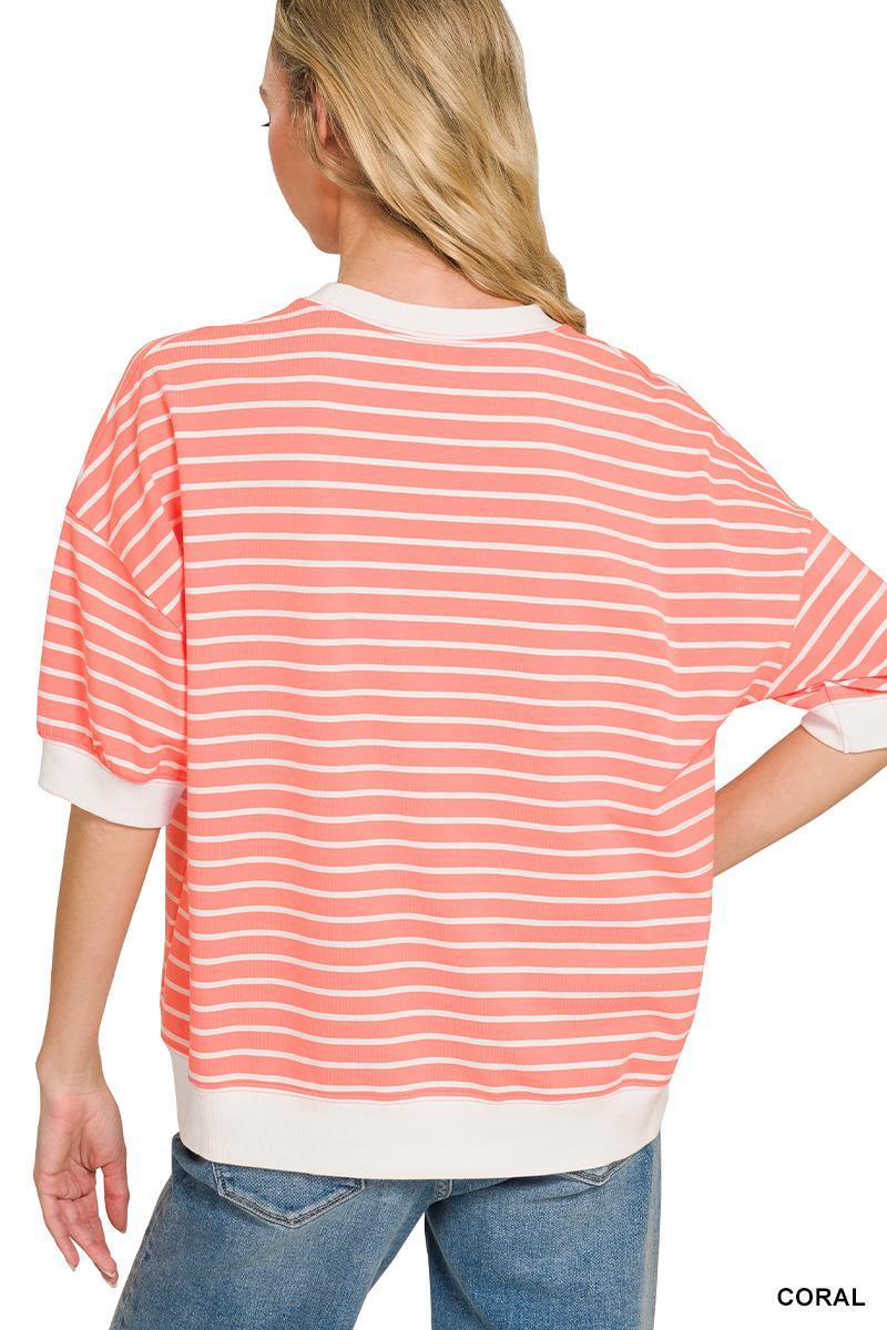 Coral Striped Rib Banded Pullover Top