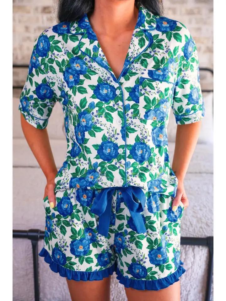 Caroline Floral Ruffle Pajama Set - Blue