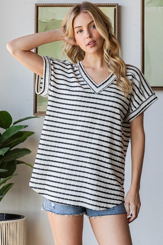 Cream & Blacki Striped V-Neck Top