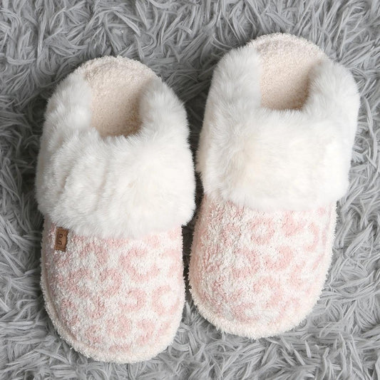 Pink Leopard Faux Fur Cuff Mule Luxury Soft Slipper