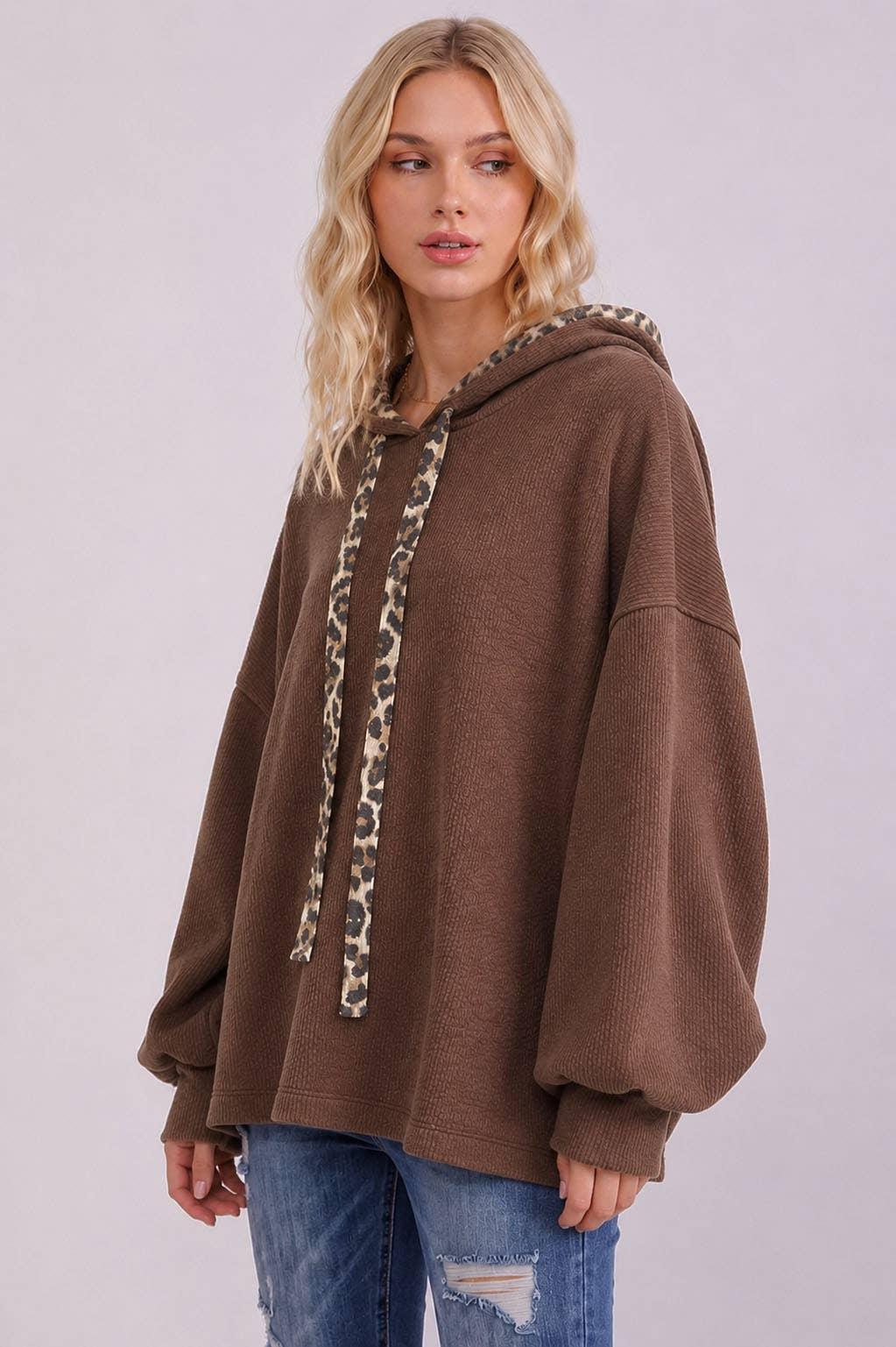 Oversized Boutique Pullover Trim Knit Hoodie by 7th Ray -  Available in Nutmeg and Burgundy T6420