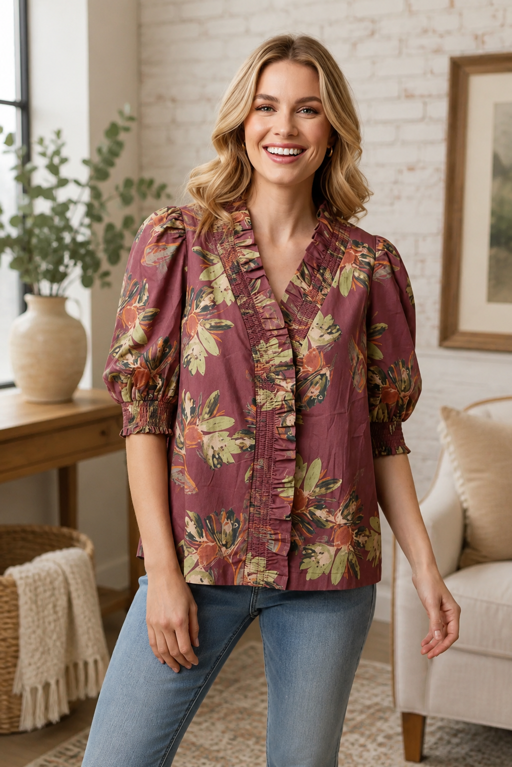 Floral Ruffle Trim Puff Sleeve V Neck Top by Heimish