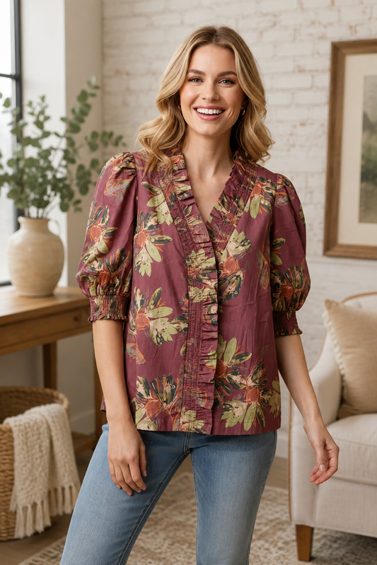 Floral Ruffle Trim Puff Sleeve V Neck Top by Heimish