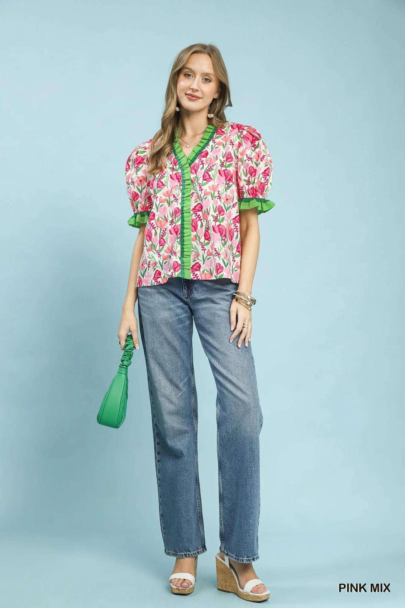 Pink Floral Ruffle Trim Puff Sleeve Top by Umgee