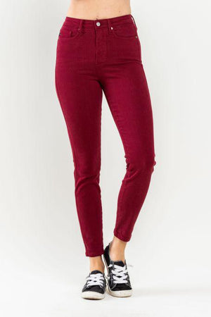 High Rise Tummy Control Scarlet Garment Dyed Skinny Jeans by Judy Blue