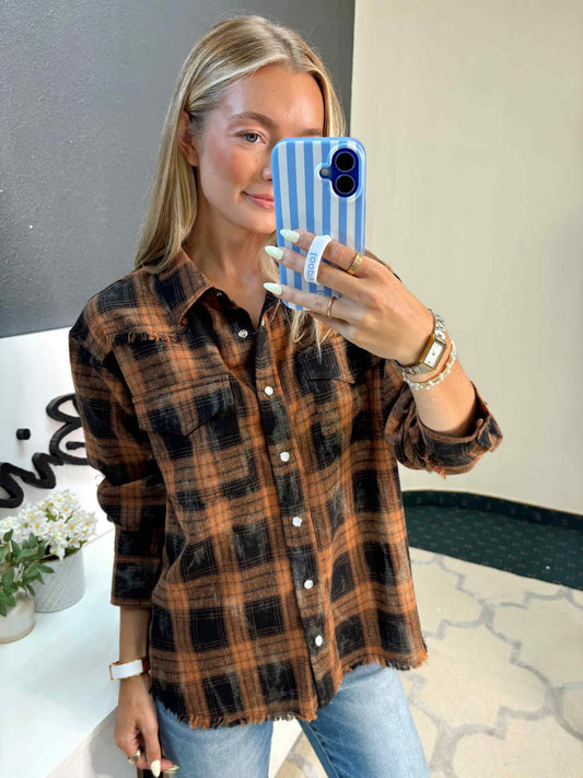 Black & Brown Plaid Top Featuring Distressed Hem by White Birch