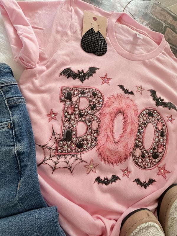 Embellished Boo Glam Graphic Tee with Gem Details