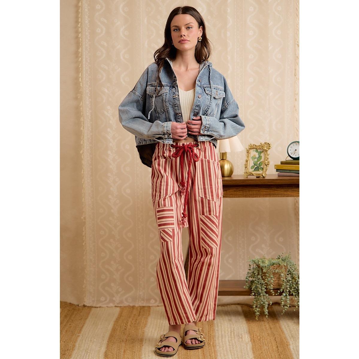 Red Stripe Wide Leg Drawstring Pants by BiBI