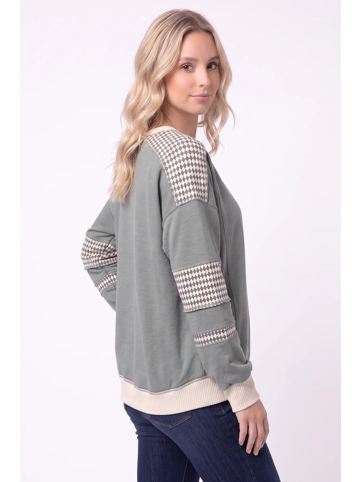 Olive Color Block Houndstooth Contrast Sweatshirt by 7th Ray - T6490