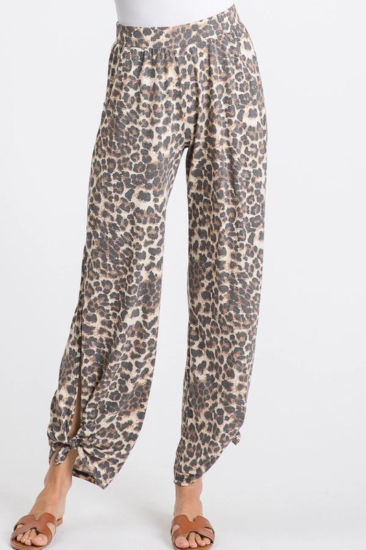 Leopard Print Split Side Ankle Tie Knit Bottoms by 7th Ray